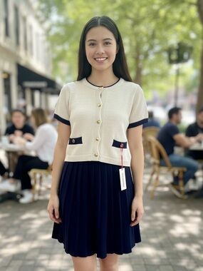 Freshman Cream & Navy Short-Sleeve Knit Cardigan and Pleated Skirt Set